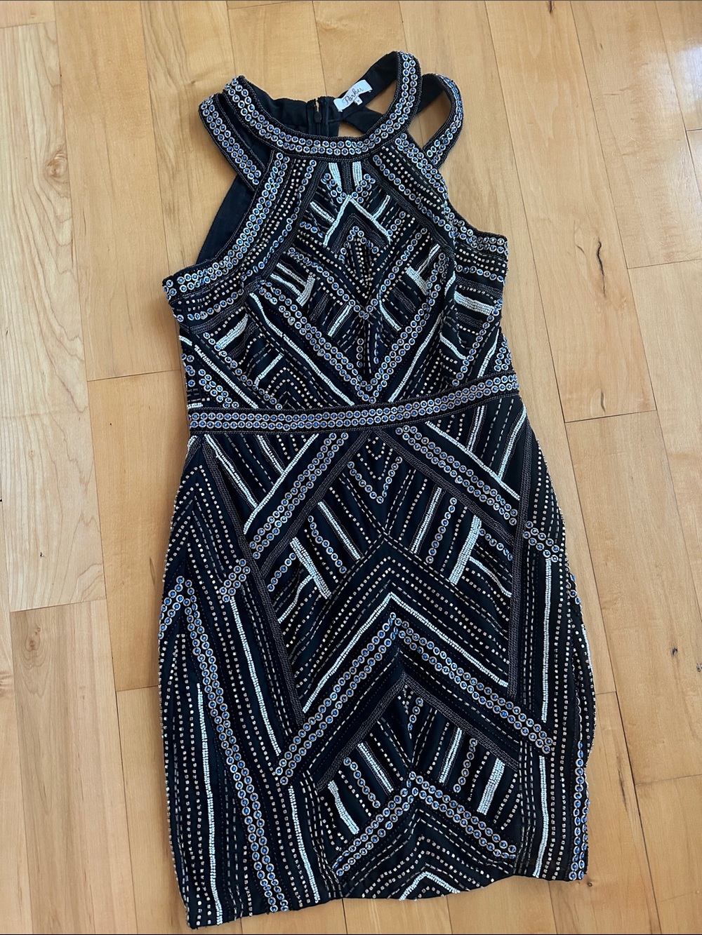 Black Sequined Geometric Halter Dress